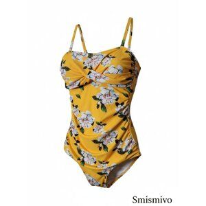 NWT - Smismivo Yellow Floral One-Piece Swimsuit With Ruched Front & Adjustable S